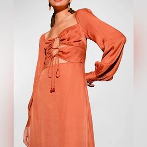 Farm Rio Caramel Cutout Front-Tie Satin Midi Dress In Orange Size XL NEW